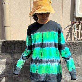 タイダイ 長袖 Tシャツ Lサイズ ブラック×グリーン ボーダー HIPPIES DYE HD25-49