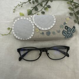✳︎ ✳︎ ハンドメイド★ミナペルホネンタンバリン刺繍メガネケース リネン生成り