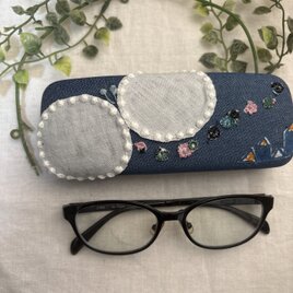 ✳︎ ✳︎ ハンドメイド★ミナペルホネンタンバリン刺繍メガネケース リネンデニム