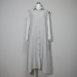 カラーリネン◆Aラインシャツワンピース◆生成り◆フリーサイズ（中厚、リネン100％）