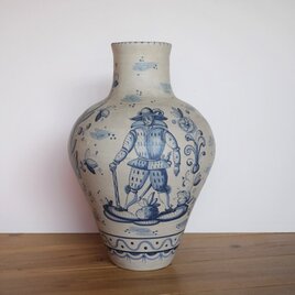 タラベラ焼　陶器花瓶　スペイン　デルフトブルー　マジョリカ　アラベスク花唐草