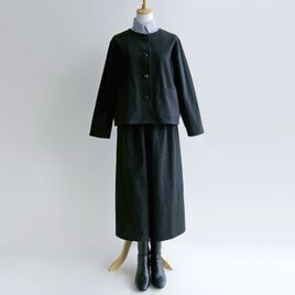 国産綿麻キャンバス＊ゆったりシルエットのツーピース（ノーカラージャケット＆キュロット/黒）
