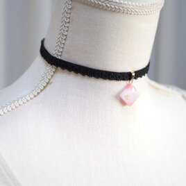 【受注製作】レジンアート　スクエアモチーフとタティングレースとベルベットリボンのチョーカー〈はつ恋〉