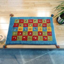 ペルシャ　ギャッベ 玄関マット　ラグ　78x58cm　青色　パネル柄　生命の木　ヤギ　羊　RJ13592