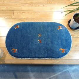 ペルシャ　ギャッベ 玄関マット　ラグ　80Φ46cm　楕円形　小判型　青色　ヤギ　羊　RD11029