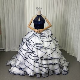 豪華！カラードレス ネイビー ホルターネック キラキラスパンコール ラッフルフリル プリンセスライン クラシカル 前撮り