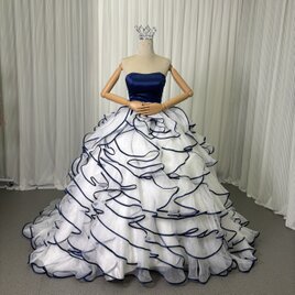 上品！カラードレス ネイビー ベアトップ ラッフルフリル プリンセスライン クラシカル 前撮り