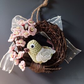 梅とうぐいすのリース ハンドメイド レース編み