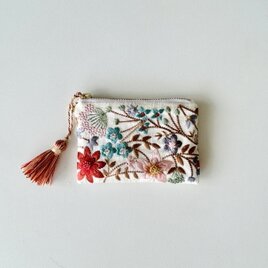 春色　花刺繍＋ビーズ刺繍　ミニポーチ　(裏地黄色)　