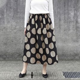 ★新作 コットンリネン・バブルドット ギャザースカート（ ブラック × ダークアイボリー ）リネン 麻 綿 ロング ポケット