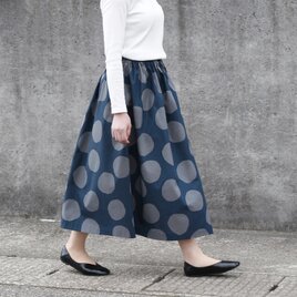 ★新作 コットンリネン・バブルドット ギャザースカート（ ネイビー × シルバーグレイ ）リネン 麻 綿 ロング ポケット