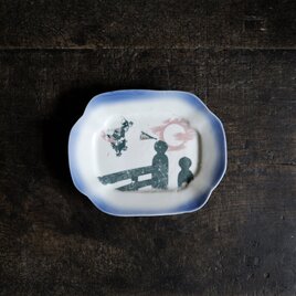 牛若丸と五条大橋◆時代物　印判変形平皿　源義経　骨董/antiques 　古美術　明治〜大正期