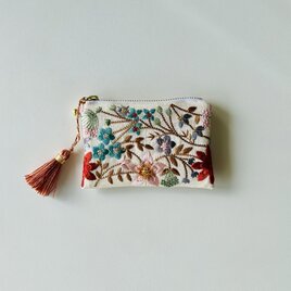 春色　花刺繍＋ビーズ刺繍　ミニポーチ　(裏地黄色)　