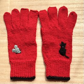 ねこ&ねずみシリーズ　5本指ニット手袋– – – レッド
