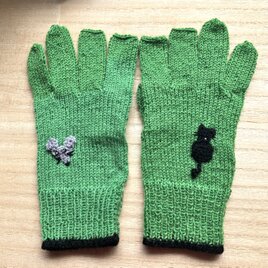 ねこ&ねずみシリーズ　5本指ニット手袋– – – グリーン