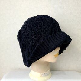 魅せる帽子☆ゆるゆる♪コットンニットのリバーシブルクロッシュ～ブラック&チャコールグレー