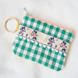 【ギンガム×ライムイエロー】レトロ刺繍リボンのティッシュケース付きミニポーチ / ポケットティッシュケースのコピー