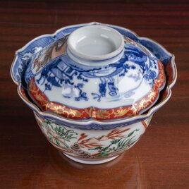 古伊万里 金襴手山水流水文 輪花蓋茶碗 明治時代 E2201A