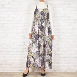 小花柄パッチワークプリントキャミソールギャザーワンピース　大きいサイズあり
