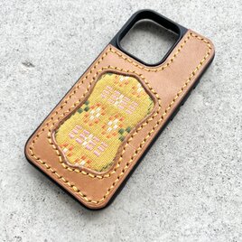 iphone バックレザーケース　読谷花織　黄色　ナチュラル