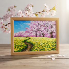 油彩画「心癒される春の景色」風景画の原画 A4（サイズ等）