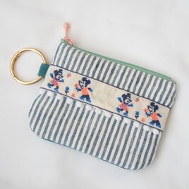 【ストライプ×ティールグリーン】レトロ刺繍リボンのティッシュケース付きミニポーチ / ポケットティッシュケース