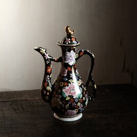黒にカラフルな花尽くし◆中国産　色絵金彩ティーポット　チャイナレトロ　シノワズリ　茶器　ブラック