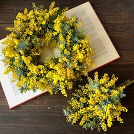 予定販売★ミモザ福袋 リース＋ミニスワッグのセット。ボリュームたっぷりふわふわミモザ