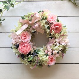 オールドローズとピンクの小花のプリザーブドフラワーリース[p20261012]