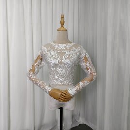 ボレロ ラウンドネック 上品透け袖 長袖 エレガントレース くるみボタン 結婚式