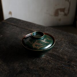 梅と鳥◆深緑で素敵。時代物　漆芸蒔絵蓋付椀　古漆器　骨董・antiques 古道具　幕末〜明治【捲れ有り】i2