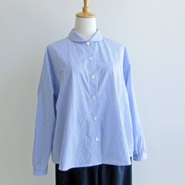播州織コットン＊ゆったりシルエットのブラウス（ブロード生地＊青＆白ストライプ）