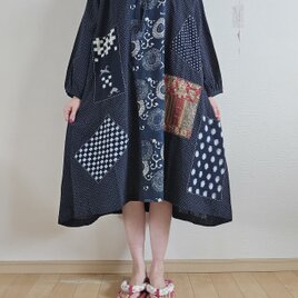 着物リメイク　手作り　蚊絣、絣パッチワーク　ワンピース