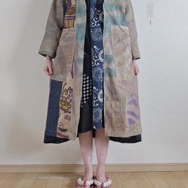 着物リメイク　手作り　柿渋　ノボリ　紋　前開きコート