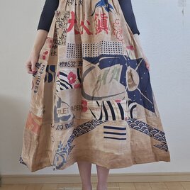 着物リメイク　ハンドメイド　柿渋染め　パッチワーク　ワンピース