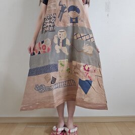 着物リメイク　ハンドメイド　柿渋染め　パッチワーク　ワンピース