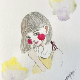 すみれ色のショートカットの女性 透明水彩 B5 原画