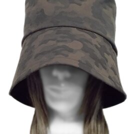 つば長・ゆったりバケットハット◆迷彩(カモフラ)柄コットンジャガードツイル／カーキ系　◇紫外線対策・小顔効果・オールシーズン◇