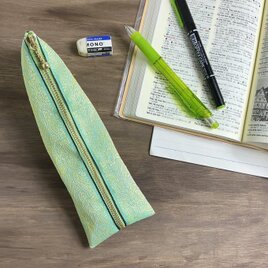 【エスニック】畳縁　テトラ型　ペンケース　エメラルドグリーン　ゴールド　オリエンタル