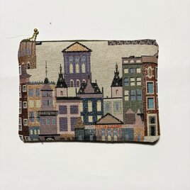 フランス生地　ヨーロッパの街並みラメ入りポーチ　通帳入れ　コスメ入れ　薬入れなど