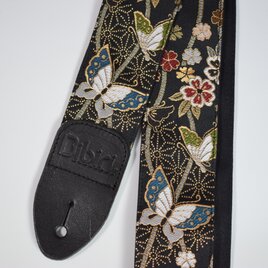 蝶と霞　帆布ギターストラップ（黒）京都金襴