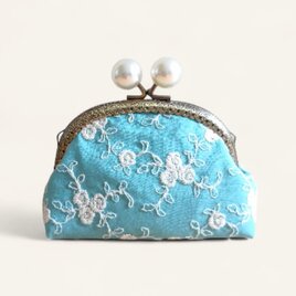 薔薇柄刺繍　がま口ポーチ　12.5cmパール口金　アクアターコイズ　653