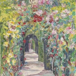 花の散歩道(油絵、原画、0号、キャンバス、額なし)