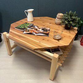 【送料無料】 ローテーブル 8角 木組やぐらベース 90cm 杉 ナチュラル 格子棚付き