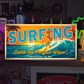 【オーダー無料】サーフィン 波乗り サーフビーチ 女性サーファー 南国 レトロ 店舗 自宅 照明 看板 置物 雑貨 ライトBOX