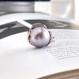 大粒 淡水真珠 バタフライ付き ラベンダーパープル フラワーリング (12.9mm) 1点のみ