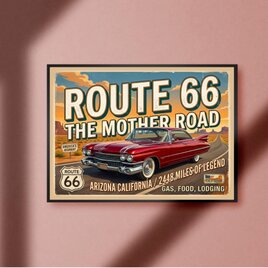 【額付※オーダー無料】 ルート66 アメ車 ガレージ ビンテージアート ウォールアート インテリア 雑貨 A4アートポスター