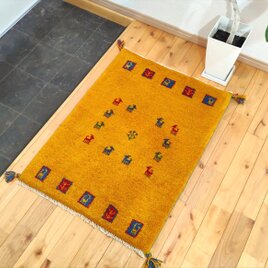 ペルシャ ギャッベ　玄関マット　ラグ　86x65cm　黄金色　パネル　生命の木　RJ15963s