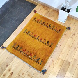 ペルシャ ギャッベ　玄関マット　ラグ　87x63cm　黄金色　ヤギ　羊　生命の木　RJ15793s