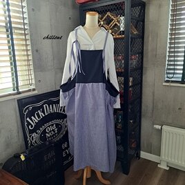 【背中がかわいい】マキシ：ギャザー：エプロンドレス：ネイビー×ストライプ【1017】